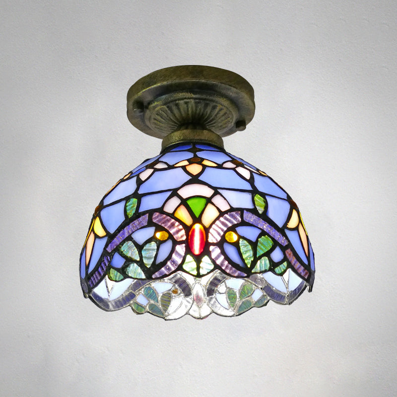Dome Ceiling Light 1������Bulb Stained Glass Vintage Semi Flush Light Fixture for Corridor Blue 8" Clearhalo 'Ceiling Lights' 'Close To Ceiling Lights' 'Close to ceiling' 'Glass shade' 'Glass' 'Semi-flushmount' 'Tiffany close to ceiling' 'Tiffany' Lighting' 2186425