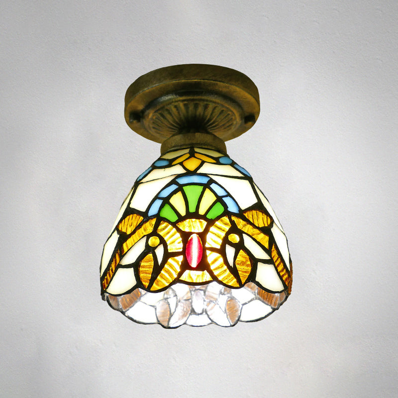 Dome Ceiling Light 1 Bulb Stained Glass Vintage Semi Flush Light Fixture for Corridor Beige 6" Clearhalo 'Ceiling Lights' 'Close To Ceiling Lights' 'Lighting' 2186426_113e6b4e-0766-4f80-b68f-8d779cf1aa34