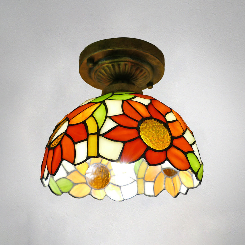Dome Ceiling Light 1������Bulb Stained Glass Vintage Semi Flush Light Fixture for Corridor Orange 8" Clearhalo 'Ceiling Lights' 'Close To Ceiling Lights' 'Close to ceiling' 'Glass shade' 'Glass' 'Semi-flushmount' 'Tiffany close to ceiling' 'Tiffany' Lighting' 2186430