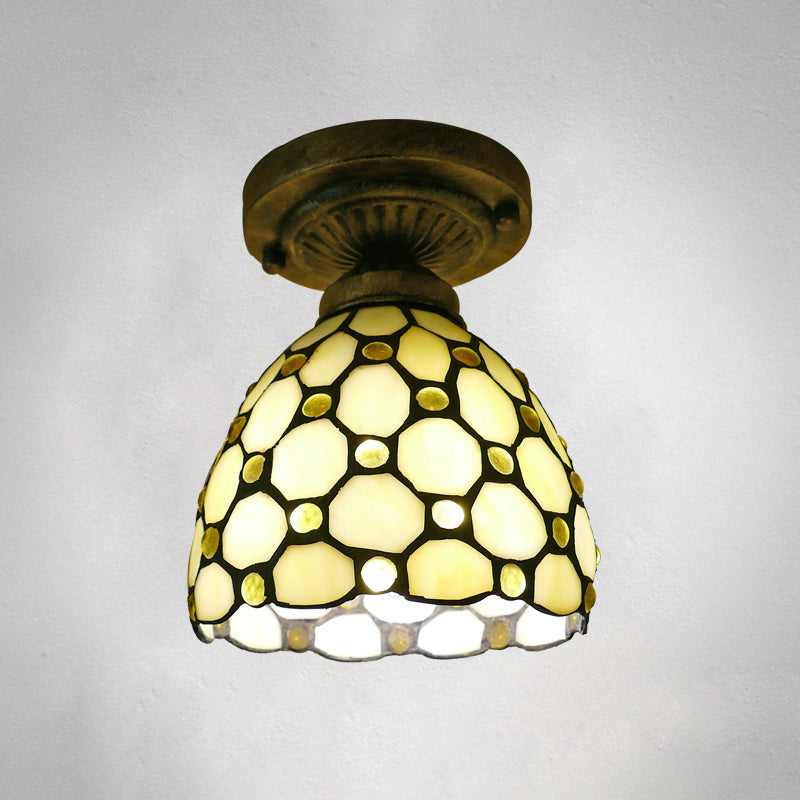 Dome Ceiling Light 1������Bulb Stained Glass Vintage Semi Flush Light Fixture for Corridor Light Yellow 6" Clearhalo 'Ceiling Lights' 'Close To Ceiling Lights' 'Close to ceiling' 'Glass shade' 'Glass' 'Semi-flushmount' 'Tiffany close to ceiling' 'Tiffany' Lighting' 2186433