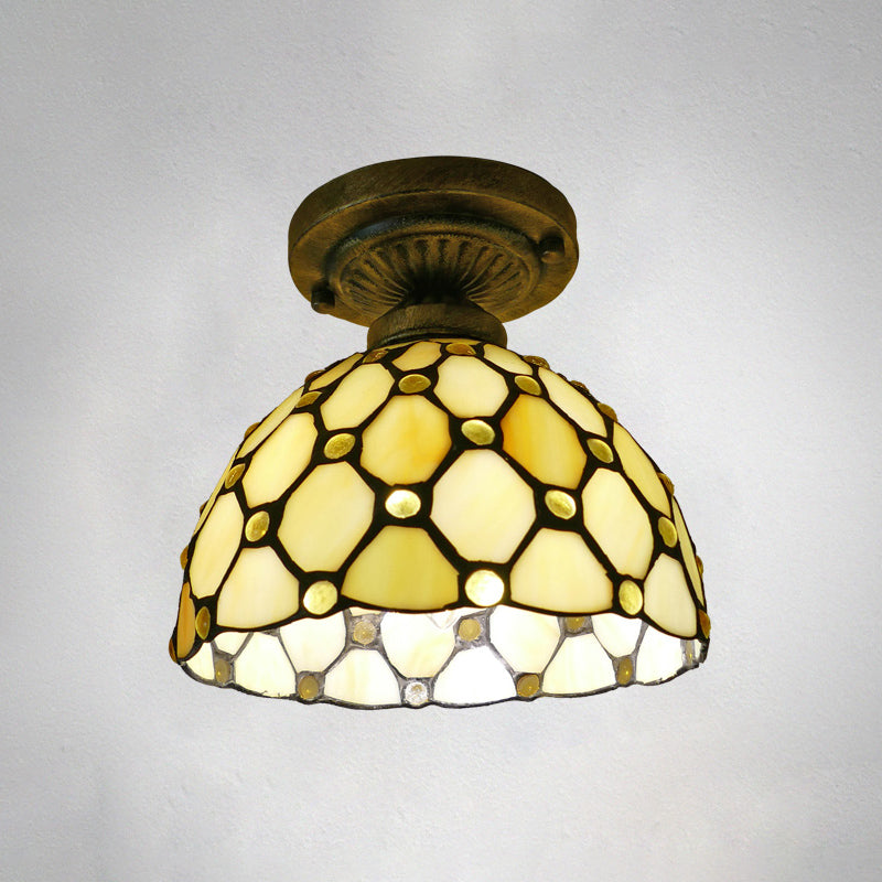 Dome Ceiling Light 1������Bulb Stained Glass Vintage Semi Flush Light Fixture for Corridor Light Yellow 8" Clearhalo 'Ceiling Lights' 'Close To Ceiling Lights' 'Close to ceiling' 'Glass shade' 'Glass' 'Semi-flushmount' 'Tiffany close to ceiling' 'Tiffany' Lighting' 2186434