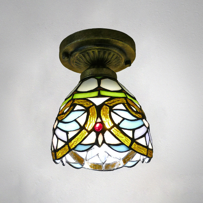 Dome Ceiling Light 1������Bulb Stained Glass Vintage Semi Flush Light Fixture for Corridor Gold 6" Clearhalo 'Ceiling Lights' 'Close To Ceiling Lights' 'Close to ceiling' 'Glass shade' 'Glass' 'Semi-flushmount' 'Tiffany close to ceiling' 'Tiffany' Lighting' 2186435