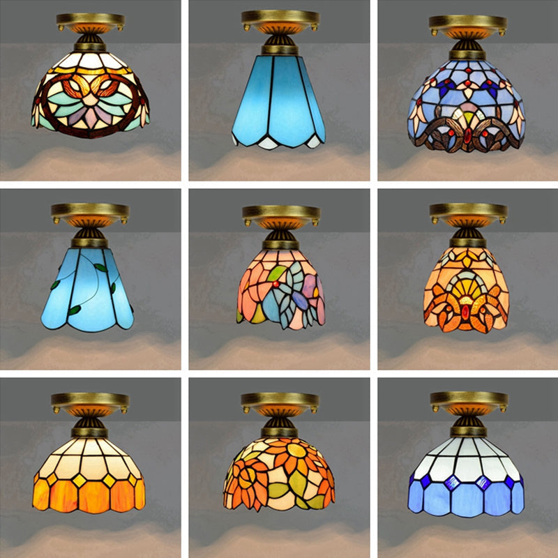 Shaded Flush Mount Light Tiffany Single-Bulb Stained Art Glass Semi Flush Ceiling Light Clearhalo 'Ceiling Lights' 'Close To Ceiling Lights' 'Close to ceiling' 'Glass shade' 'Glass' 'Semi-flushmount' 'Tiffany close to ceiling' 'Tiffany' Lighting' 2186460