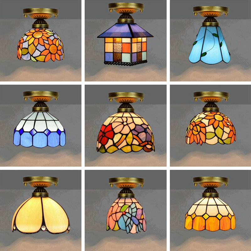 Shaded Flush Mount Light Tiffany Single-Bulb Stained Art Glass Semi Flush Ceiling Light Clearhalo 'Ceiling Lights' 'Close To Ceiling Lights' 'Close to ceiling' 'Glass shade' 'Glass' 'Semi-flushmount' 'Tiffany close to ceiling' 'Tiffany' Lighting' 2186461