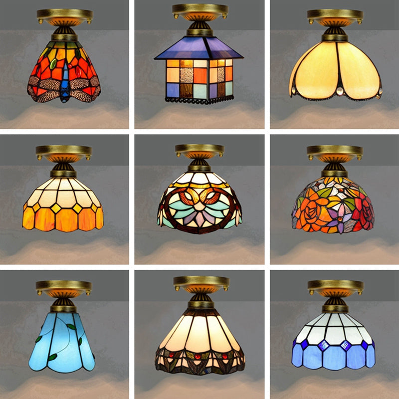 Shaded Flush Mount Light Tiffany Single-Bulb Stained Art Glass Semi Flush Ceiling Light Clearhalo 'Ceiling Lights' 'Close To Ceiling Lights' 'Close to ceiling' 'Glass shade' 'Glass' 'Semi-flushmount' 'Tiffany close to ceiling' 'Tiffany' Lighting' 2186462