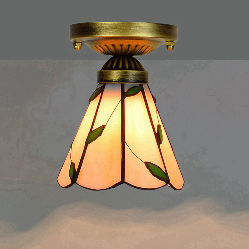 Shaded Flush Mount Light Tiffany Single-Bulb Stained Art Glass Semi Flush Ceiling Light Champagne Clearhalo 'Ceiling Lights' 'Close To Ceiling Lights' 'Close to ceiling' 'Glass shade' 'Glass' 'Semi-flushmount' 'Tiffany close to ceiling' 'Tiffany' Lighting' 2186464