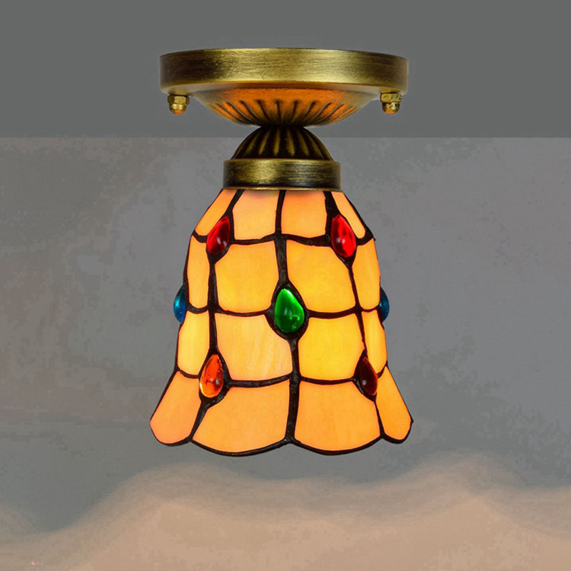 Shaded Flush Mount Light Tiffany Single-Bulb Stained Art Glass Semi Flush Ceiling Light Yellow Clearhalo 'Ceiling Lights' 'Close To Ceiling Lights' 'Close to ceiling' 'Glass shade' 'Glass' 'Semi-flushmount' 'Tiffany close to ceiling' 'Tiffany' Lighting' 2186465
