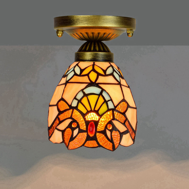 Shaded Flush Mount Light Tiffany Single-Bulb Stained Art Glass Semi Flush Ceiling Light Gold Clearhalo 'Ceiling Lights' 'Close To Ceiling Lights' 'Close to ceiling' 'Glass shade' 'Glass' 'Semi-flushmount' 'Tiffany close to ceiling' 'Tiffany' Lighting' 2186467