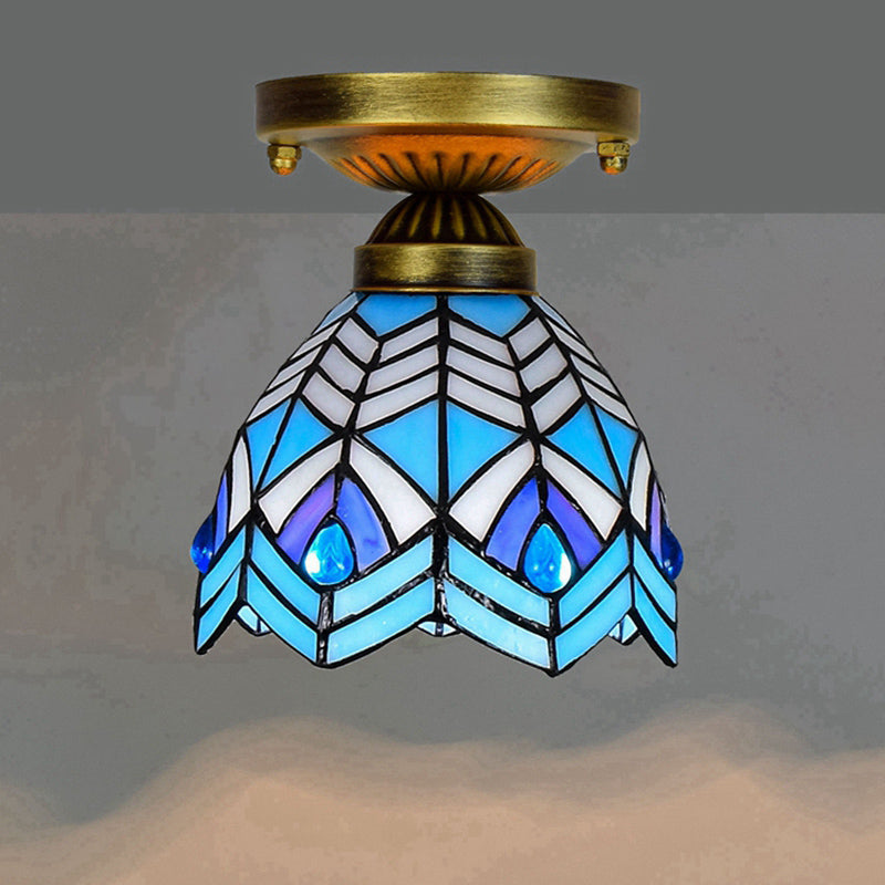 Shaded Flush Mount Light Tiffany Single-Bulb Stained Art Glass Semi Flush Ceiling Light Blue Clearhalo 'Ceiling Lights' 'Close To Ceiling Lights' 'Close to ceiling' 'Glass shade' 'Glass' 'Semi-flushmount' 'Tiffany close to ceiling' 'Tiffany' Lighting' 2186468
