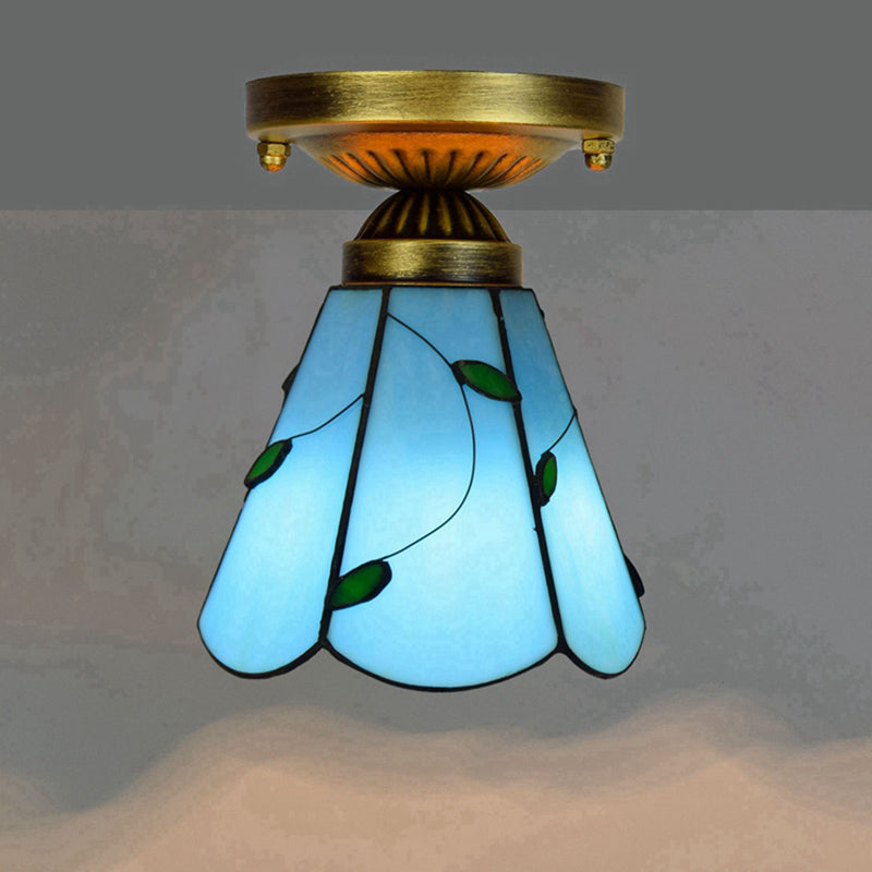 Shaded Flush Mount Light Tiffany Single-Bulb Stained Art Glass Semi Flush Ceiling Light Sky Blue Clearhalo 'Ceiling Lights' 'Close To Ceiling Lights' 'Close to ceiling' 'Glass shade' 'Glass' 'Semi-flushmount' 'Tiffany close to ceiling' 'Tiffany' Lighting' 2186469