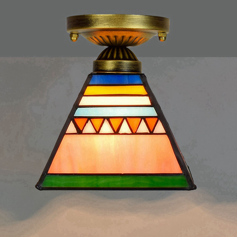 Shaded Flush Mount Light Tiffany Single-Bulb Stained Art Glass Semi Flush Ceiling Light Orange Pink Clearhalo 'Ceiling Lights' 'Close To Ceiling Lights' 'Close to ceiling' 'Glass shade' 'Glass' 'Semi-flushmount' 'Tiffany close to ceiling' 'Tiffany' Lighting' 2186471