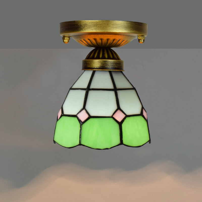 Shaded Flush Mount Light Tiffany Single-Bulb Stained Art Glass Semi Flush Ceiling Light Green Clearhalo 'Ceiling Lights' 'Close To Ceiling Lights' 'Close to ceiling' 'Glass shade' 'Glass' 'Semi-flushmount' 'Tiffany close to ceiling' 'Tiffany' Lighting' 2186473