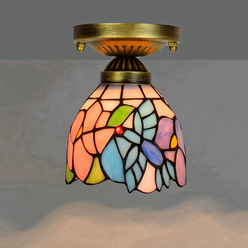 Shaded Flush Mount Light Tiffany Single-Bulb Stained Art Glass Semi Flush Ceiling Light Pink Clearhalo 'Ceiling Lights' 'Close To Ceiling Lights' 'Close to ceiling' 'Glass shade' 'Glass' 'Semi-flushmount' 'Tiffany close to ceiling' 'Tiffany' Lighting' 2186474