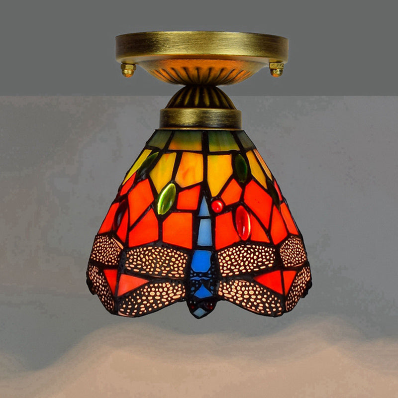 Shaded Flush Mount Light Tiffany Single-Bulb Stained Art Glass Semi Flush Ceiling Light Red Clearhalo 'Ceiling Lights' 'Close To Ceiling Lights' 'Close to ceiling' 'Glass shade' 'Glass' 'Semi-flushmount' 'Tiffany close to ceiling' 'Tiffany' Lighting' 2186475