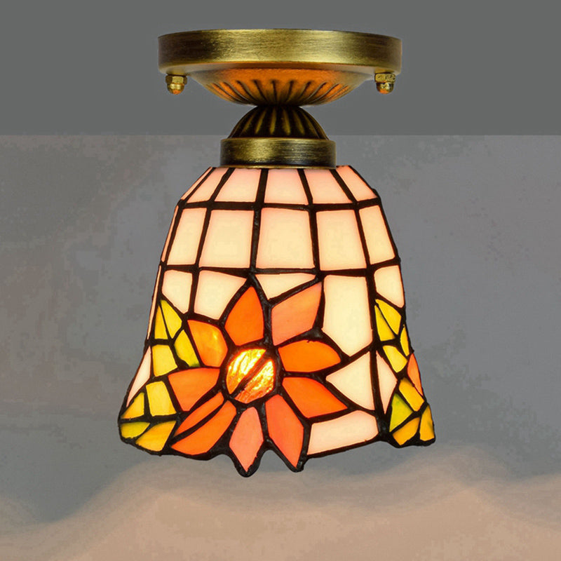 Shaded Flush Mount Light Tiffany Single-Bulb Stained Art Glass Semi Flush Ceiling Light Orange Clearhalo 'Ceiling Lights' 'Close To Ceiling Lights' 'Close to ceiling' 'Glass shade' 'Glass' 'Semi-flushmount' 'Tiffany close to ceiling' 'Tiffany' Lighting' 2186477