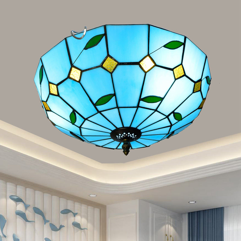 Traditional Bowl Shade Flush Ceiling Light Stained Art Glass Flush Mount Lighting Fixture Sky Blue 16" Clearhalo 'Ceiling Lights' 'Close To Ceiling Lights' 'Close to ceiling' 'Flush mount' Lighting' 2186483