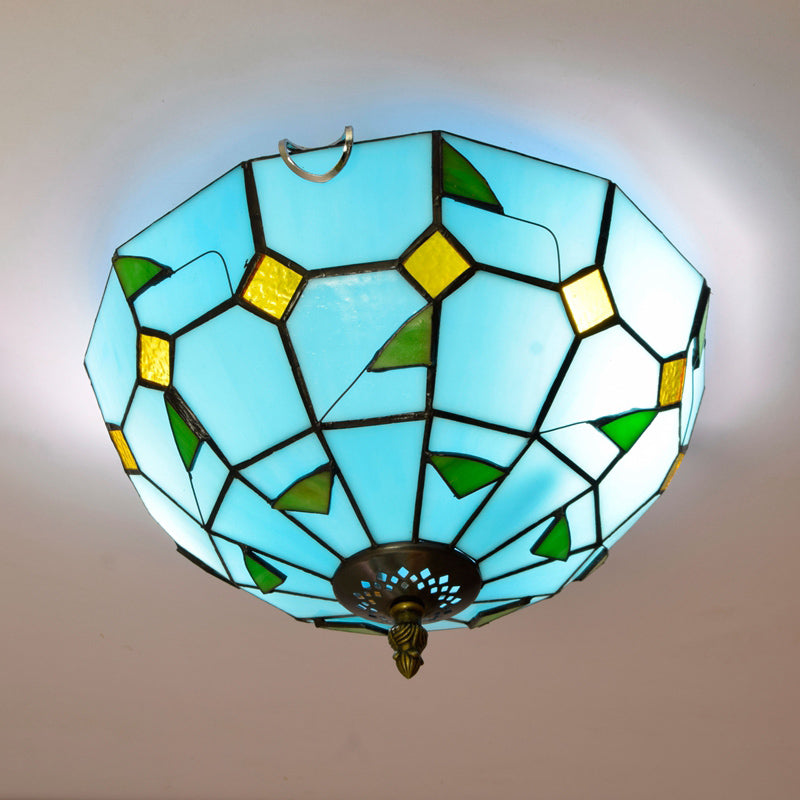 Traditional Bowl Shade Flush Ceiling Light Stained Art Glass Flush Mount Lighting Fixture Sky Blue 12" Clearhalo 'Ceiling Lights' 'Close To Ceiling Lights' 'Close to ceiling' 'Flush mount' Lighting' 2186486