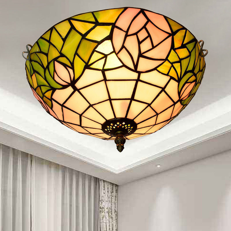 Traditional Bowl Shade Flush Ceiling Light Stained Art Glass Flush Mount Lighting Fixture Green 12" Clearhalo 'Ceiling Lights' 'Close To Ceiling Lights' 'Close to ceiling' 'Flush mount' Lighting' 2186487