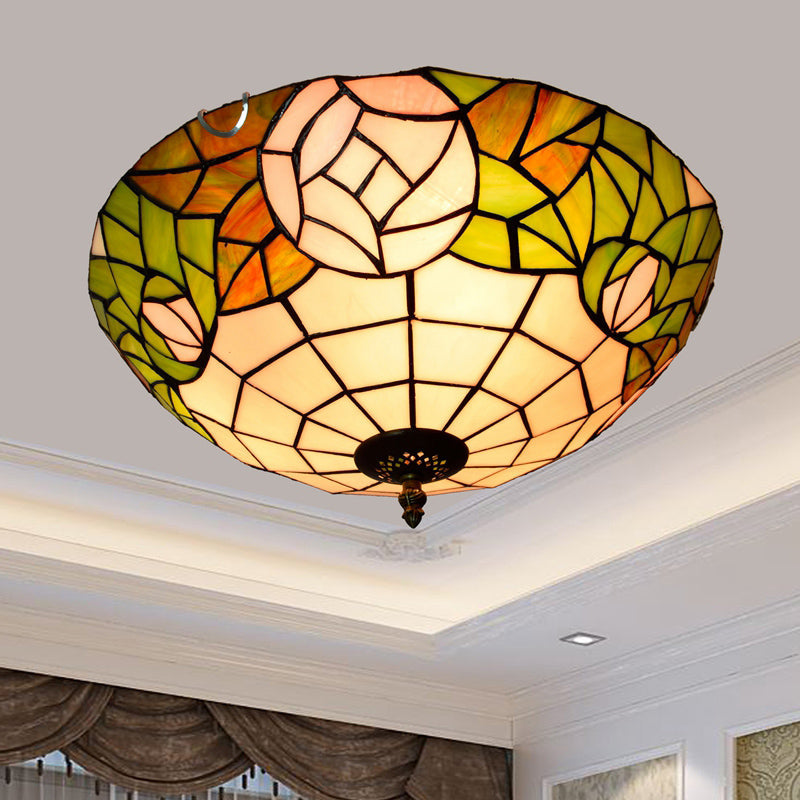Traditional Bowl Shade Flush Ceiling Light Stained Art Glass Flush Mount Lighting Fixture Green 16" Clearhalo 'Ceiling Lights' 'Close To Ceiling Lights' 'Close to ceiling' 'Flush mount' Lighting' 2186488