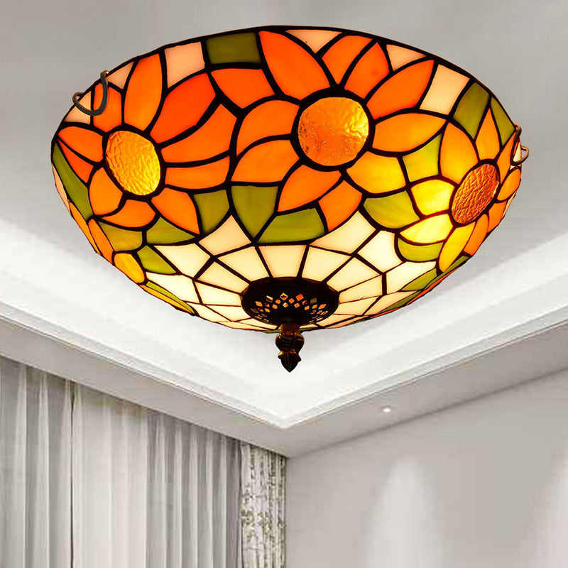 Traditional Bowl Shade Flush Ceiling Light Stained Art Glass Flush Mount Lighting Fixture Orange 12" Clearhalo 'Ceiling Lights' 'Close To Ceiling Lights' 'Close to ceiling' 'Flush mount' Lighting' 2186489