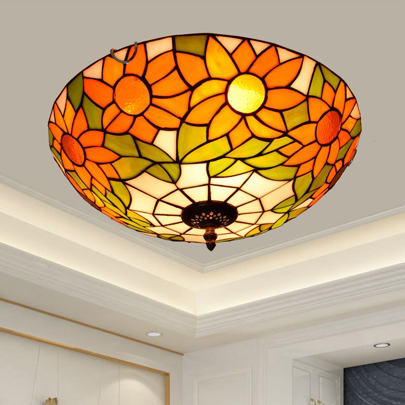Traditional Bowl Shade Flush Ceiling Light Stained Art Glass Flush Mount Lighting Fixture Orange 16" Clearhalo 'Ceiling Lights' 'Close To Ceiling Lights' 'Close to ceiling' 'Flush mount' Lighting' 2186490