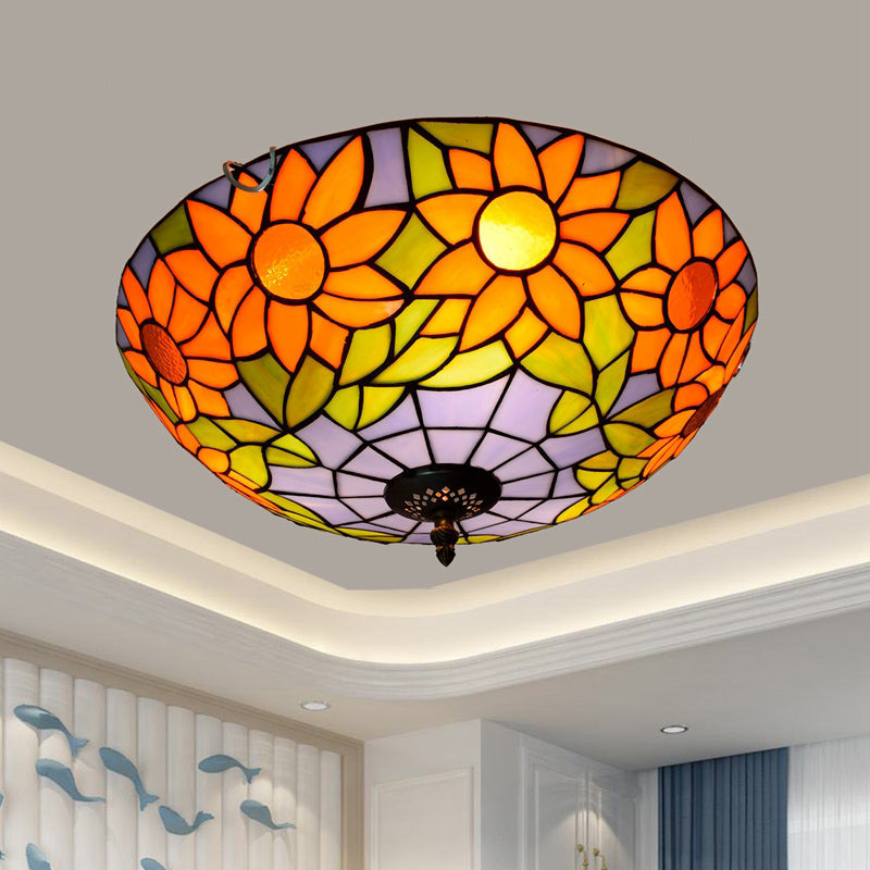 Traditional Bowl Shade Flush Ceiling Light Stained Art Glass Flush Mount Lighting Fixture Purple 16" Clearhalo 'Ceiling Lights' 'Close To Ceiling Lights' 'Close to ceiling' 'Flush mount' Lighting' 2186492