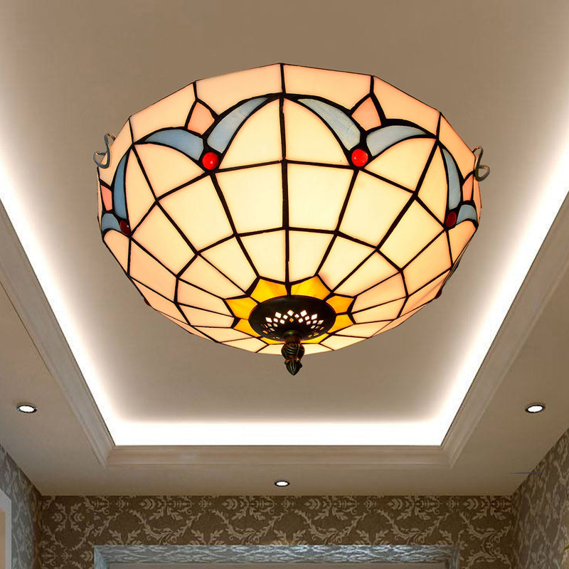 Traditional Bowl Shade Flush Ceiling Light Stained Art Glass Flush Mount Lighting Fixture White 12" Clearhalo 'Ceiling Lights' 'Close To Ceiling Lights' 'Close to ceiling' 'Flush mount' Lighting' 2186495