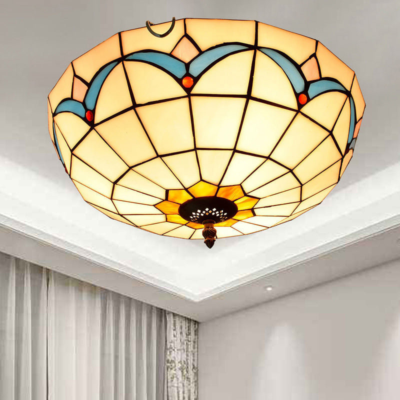 Traditional Bowl Shade Flush Ceiling Light Stained Art Glass Flush Mount Lighting Fixture White 16" Clearhalo 'Ceiling Lights' 'Close To Ceiling Lights' 'Close to ceiling' 'Flush mount' Lighting' 2186496