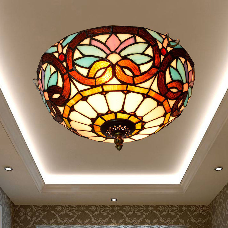 Traditional Bowl Shade Flush Ceiling Light Stained Art Glass Flush Mount Lighting Fixture Brown 12" Clearhalo 'Ceiling Lights' 'Close To Ceiling Lights' 'Close to ceiling' 'Flush mount' Lighting' 2186497