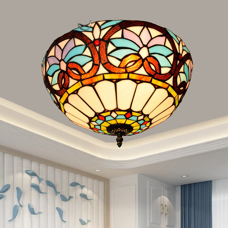Traditional Bowl Shade Flush Ceiling Light Stained Art Glass Flush Mount Lighting Fixture Brown 16" Clearhalo 'Ceiling Lights' 'Close To Ceiling Lights' 'Close to ceiling' 'Flush mount' Lighting' 2186498