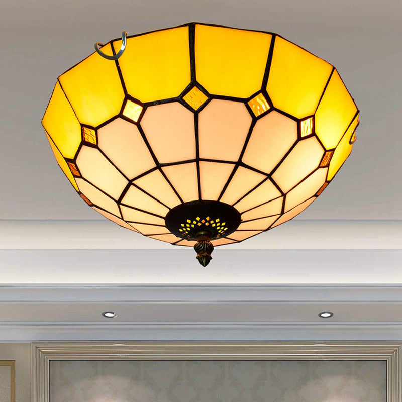 Traditional Bowl Shade Flush Ceiling Light Stained Art Glass Flush Mount Lighting Fixture Yellow 12" Clearhalo 'Ceiling Lights' 'Close To Ceiling Lights' 'Close to ceiling' 'Flush mount' Lighting' 2186499
