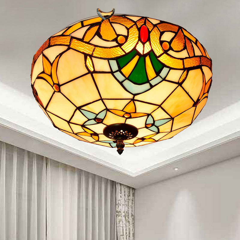 Traditional Bowl Shade Flush Ceiling Light Stained Art Glass Flush Mount Lighting Fixture Beige 16" Clearhalo 'Ceiling Lights' 'Close To Ceiling Lights' 'Close to ceiling' 'Flush mount' Lighting' 2186502