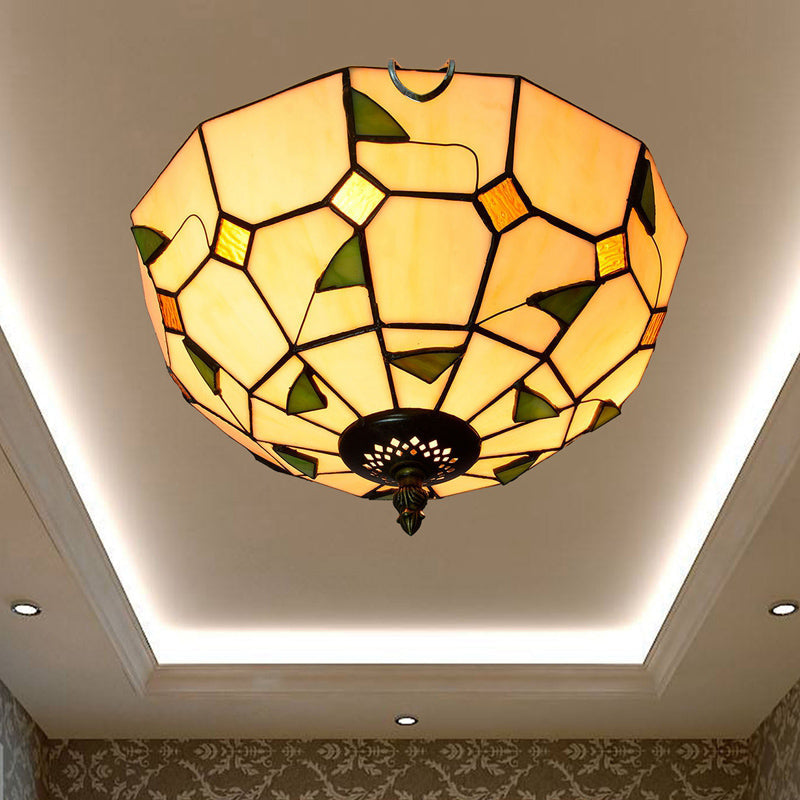Traditional Bowl Shade Flush Ceiling Light Stained Art Glass Flush Mount Lighting Fixture Dark Beige 12" Clearhalo 'Ceiling Lights' 'Close To Ceiling Lights' 'Close to ceiling' 'Flush mount' Lighting' 2186507
