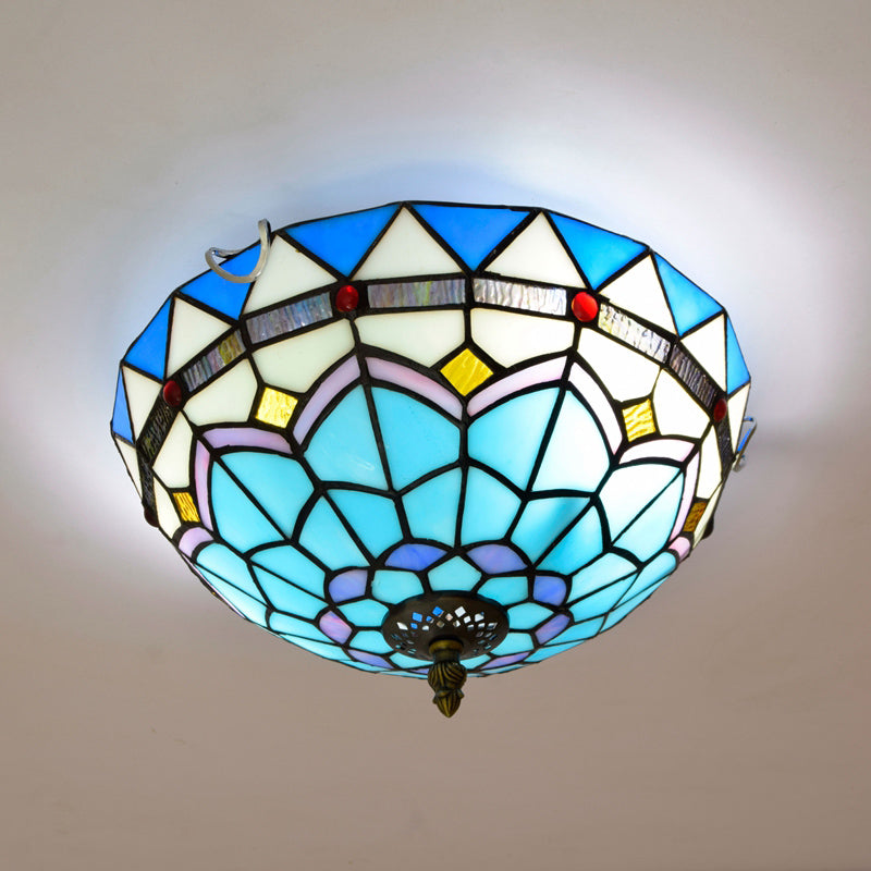 Traditional Bowl Shade Flush Ceiling Light Stained Art Glass Flush Mount Lighting Fixture Blue 12" Clearhalo 'Ceiling Lights' 'Close To Ceiling Lights' 'Close to ceiling' 'Flush mount' Lighting' 2186509