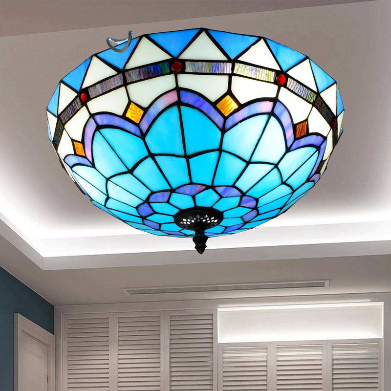 Traditional Bowl Shade Flush Ceiling Light Stained Art Glass Flush Mount Lighting Fixture Blue 16" Clearhalo 'Ceiling Lights' 'Close To Ceiling Lights' 'Close to ceiling' 'Flush mount' Lighting' 2186510