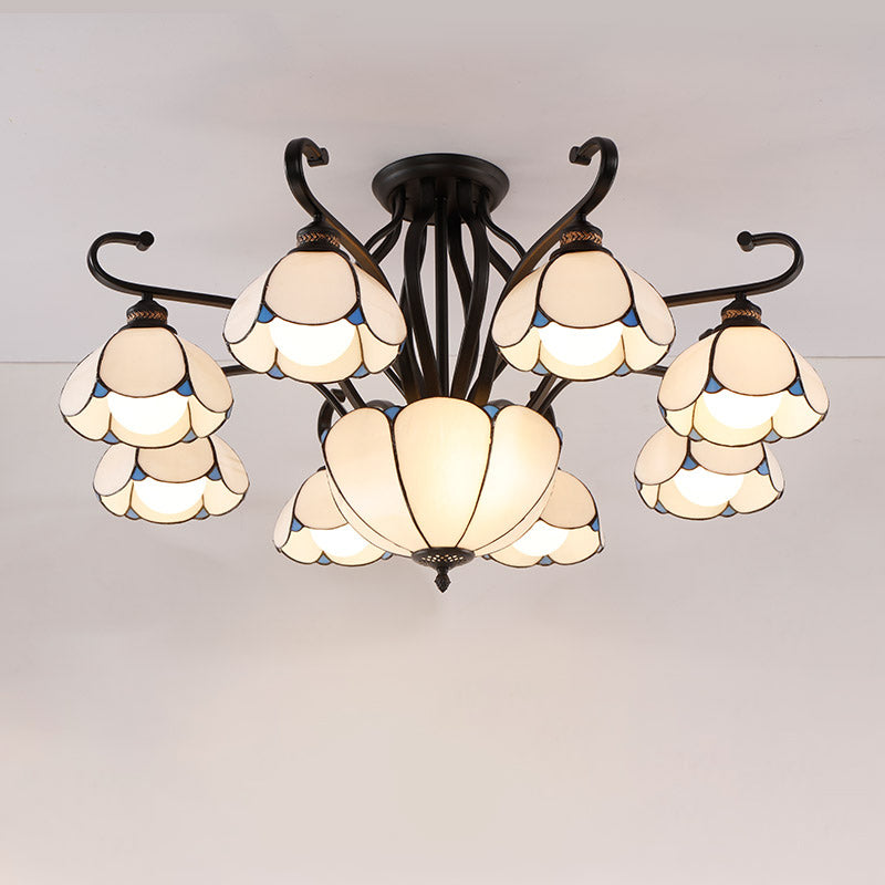 Scalloped Semi Flush Handcrafted Glass Tiffany Ceiling Mount Chandelier for Living Room 9 White Clearhalo 'Ceiling Lights' 'Close To Ceiling Lights' 'Close to ceiling' 'Glass shade' 'Glass' 'Pendant Lights' 'Semi-flushmount' 'Tiffany close to ceiling' 'Tiffany' Lighting' 2186511