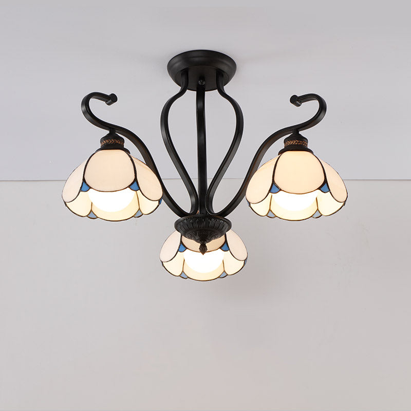 Scalloped Semi Flush Handcrafted Glass Tiffany Ceiling Mount Chandelier for Living Room 3 White Clearhalo 'Ceiling Lights' 'Close To Ceiling Lights' 'Close to ceiling' 'Glass shade' 'Glass' 'Pendant Lights' 'Semi-flushmount' 'Tiffany close to ceiling' 'Tiffany' Lighting' 2186517