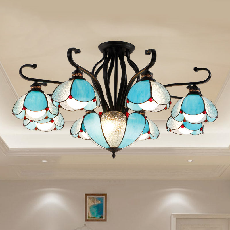 Scalloped Semi Flush Handcrafted Glass Tiffany Ceiling Mount Chandelier for Living Room 9 Blue Clearhalo 'Ceiling Lights' 'Close To Ceiling Lights' 'Close to ceiling' 'Glass shade' 'Glass' 'Pendant Lights' 'Semi-flushmount' 'Tiffany close to ceiling' 'Tiffany' Lighting' 2186518