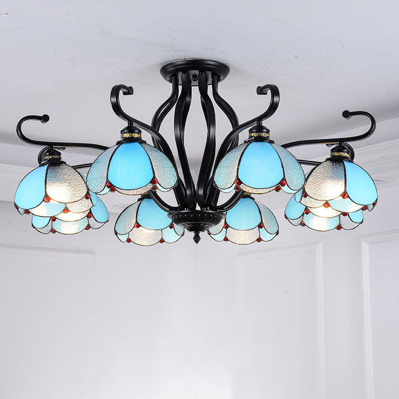 Scalloped Semi Flush Handcrafted Glass Tiffany Ceiling Mount Chandelier for Living Room 8 Blue Clearhalo 'Ceiling Lights' 'Close To Ceiling Lights' 'Close to ceiling' 'Glass shade' 'Glass' 'Pendant Lights' 'Semi-flushmount' 'Tiffany close to ceiling' 'Tiffany' Lighting' 2186521