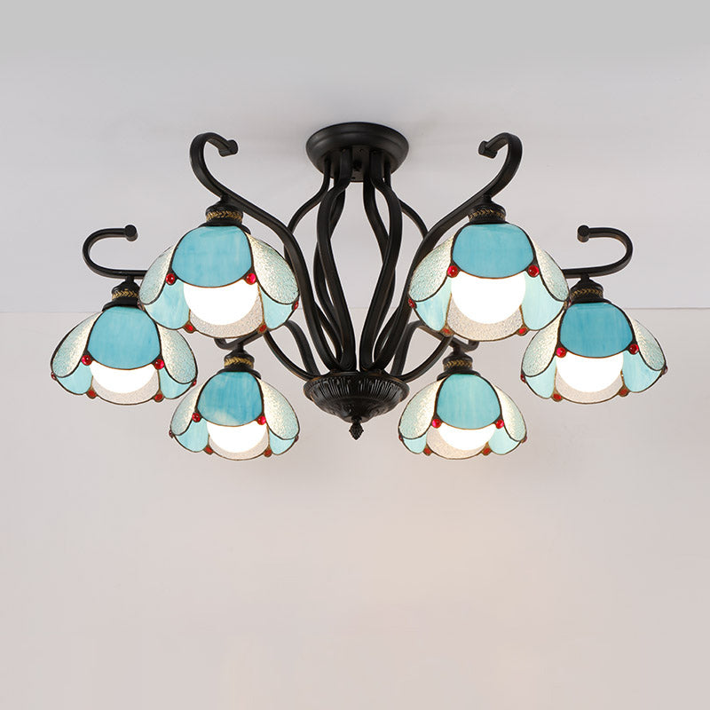 Scalloped Semi Flush Handcrafted Glass Tiffany Ceiling Mount Chandelier for Living Room 6 Blue Clearhalo 'Ceiling Lights' 'Close To Ceiling Lights' 'Close to ceiling' 'Glass shade' 'Glass' 'Pendant Lights' 'Semi-flushmount' 'Tiffany close to ceiling' 'Tiffany' Lighting' 2186523