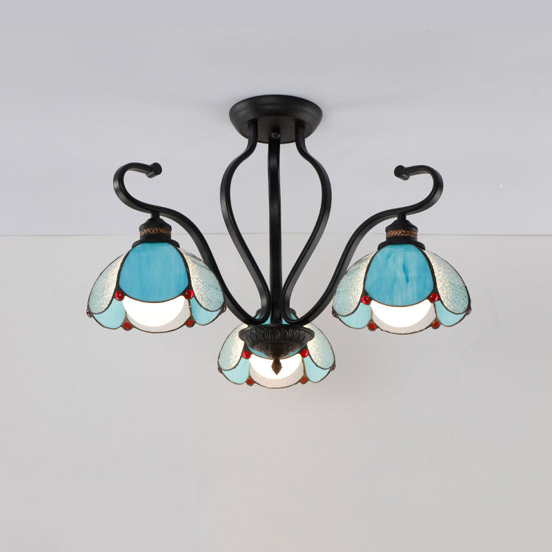 Scalloped Semi Flush Handcrafted Glass Tiffany Ceiling Mount Chandelier for Living Room 3 Blue Clearhalo 'Ceiling Lights' 'Close To Ceiling Lights' 'Close to ceiling' 'Glass shade' 'Glass' 'Pendant Lights' 'Semi-flushmount' 'Tiffany close to ceiling' 'Tiffany' Lighting' 2186524