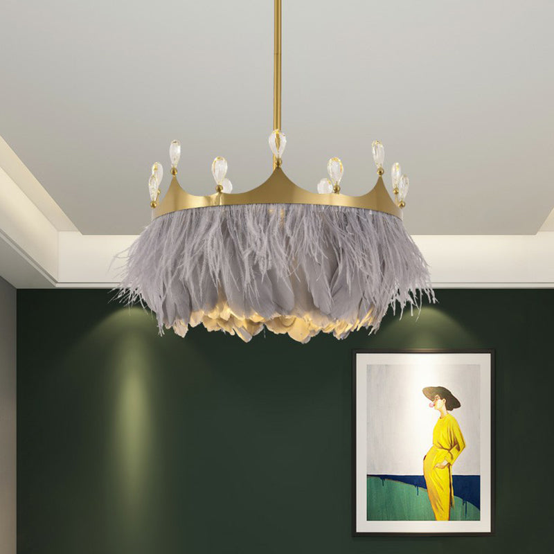 Round Bedroom Suspension Light Feather 1��Bulb Simplicity Pendant Light with Crystal and Crown Decor in Gold Grey Clearhalo 'Ceiling Lights' 'Modern Pendants' 'Modern' 'Pendant Lights' 'Pendants' Lighting' 2186703