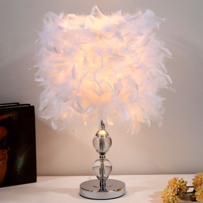 Cylinder Feather Nightstand Lamp Artistic Single Nickel Table Lighting for Bedroom Clearhalo 'Lamps' 'Table Lamps' Lighting' 2186758
