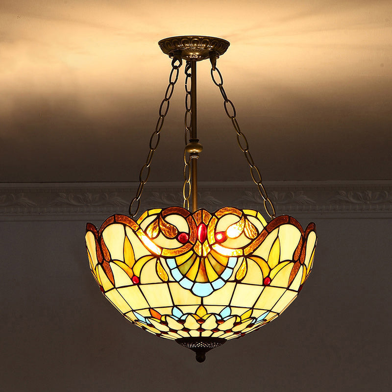 Bowl Shade Suspension Lighting Stained Art Glass Tiffany-Style Pendant Ceiling Light Khaki Clearhalo 'Ceiling Lights' 'Industrial' 'Middle Century Pendants' 'Pendant Lights' 'Pendants' 'Tiffany close to ceiling' 'Tiffany Pendants' 'Tiffany' Lighting' 2187146
