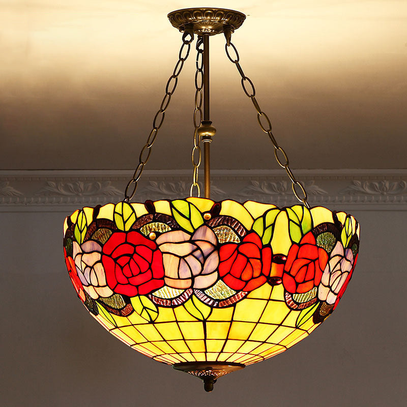 Bowl Shade Suspension Lighting Stained Art Glass Tiffany-Style Pendant Ceiling Light Lemon Yellow Clearhalo 'Ceiling Lights' 'Industrial' 'Middle Century Pendants' 'Pendant Lights' 'Pendants' 'Tiffany close to ceiling' 'Tiffany Pendants' 'Tiffany' Lighting' 2187158