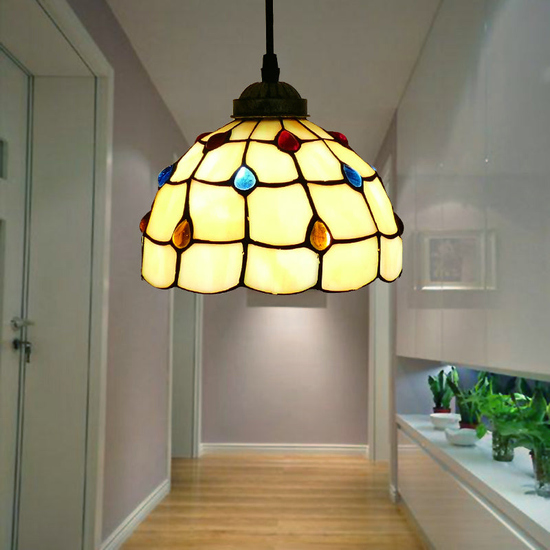 Tiffany Style Bell Shade Pendant Light Single Hand Cut Glass Suspension Light Fixture Beige 8" Clearhalo 'Ceiling Lights' 'Chandeliers' 'Industrial' 'Middle Century Pendants' 'Pendant Lights' 'Pendants' 'Tiffany close to ceiling' 'Tiffany Pendants' 'Tiffany' Lighting' 2187190