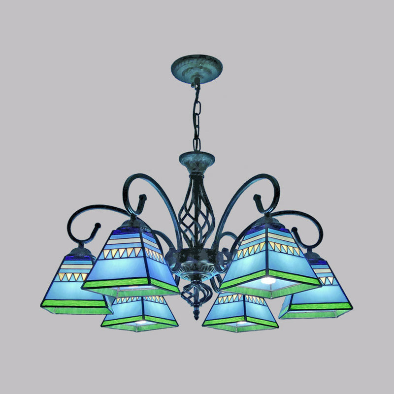 Antique Style Pyramid Ceiling Lighting Stained Art Glass Chandelier Light Fixture for Restaurant Clearhalo 'Ceiling Lights' 'Chandeliers' 'Industrial' 'Middle Century Chandeliers' 'Pendant Lights' 'Tiffany Chandeliers' 'Tiffany close to ceiling' 'Tiffany' Lighting' 2187208