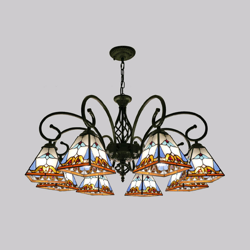 Antique Style Pyramid Ceiling Lighting Stained Art Glass Chandelier Light Fixture for Restaurant 8 White Clearhalo 'Ceiling Lights' 'Chandeliers' 'Industrial' 'Middle Century Chandeliers' 'Pendant Lights' 'Tiffany Chandeliers' 'Tiffany close to ceiling' 'Tiffany' Lighting' 2187211