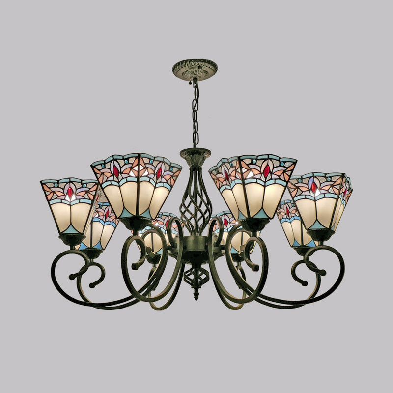 Pyramid Shade Chandelier Pendant Light Stained Glass Traditional Hanging Light for Dining Room 8 White Clearhalo 'Ceiling Lights' 'Chandeliers' 'Industrial' 'Middle Century Chandeliers' 'Tiffany Chandeliers' 'Tiffany close to ceiling' 'Tiffany' Lighting' 2187222