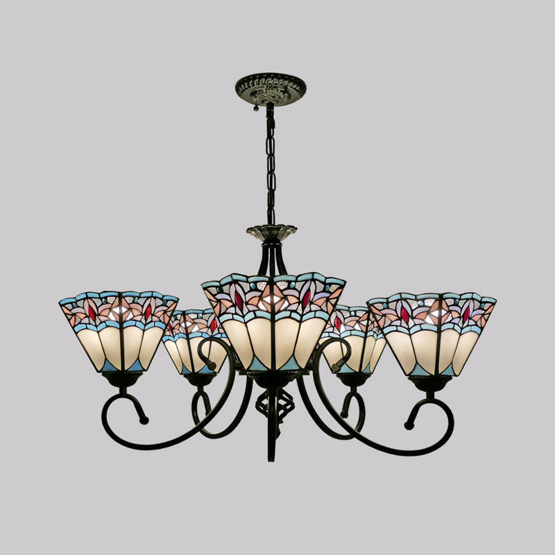 Pyramid Shade Chandelier Pendant Light Stained Glass Traditional Hanging Light for Dining Room 5 White Clearhalo 'Ceiling Lights' 'Chandeliers' 'Industrial' 'Middle Century Chandeliers' 'Tiffany Chandeliers' 'Tiffany close to ceiling' 'Tiffany' Lighting' 2187225